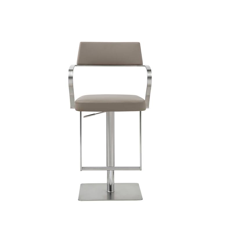 21" Modern Stainless Steel Base Bar Stool with Faux Leather Bucket Seat and Adjustable Lever Lift - 21"L x 20"W x 36-46"H - Taupe-Silver