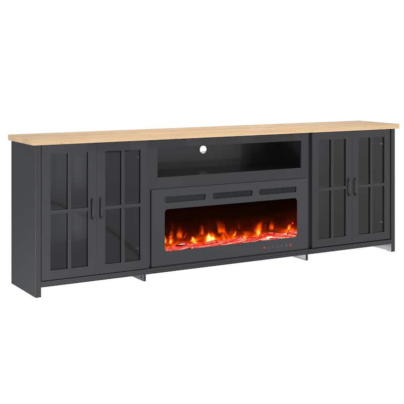 EROMMY 78"/ 97" Fireplace TV Stand with Electric Fireplace, Farmhouse Media Console with LED Lights, Glass Doors