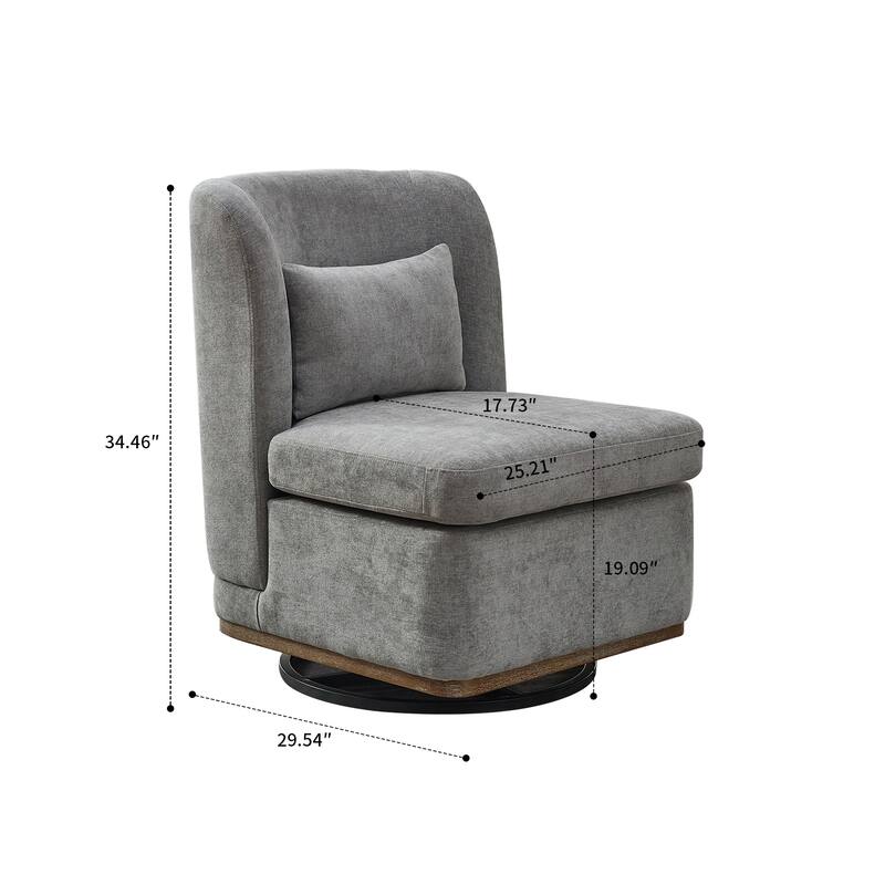 Modern minimalist sofa chair with pillows and metal swivel base for bedroom living room den