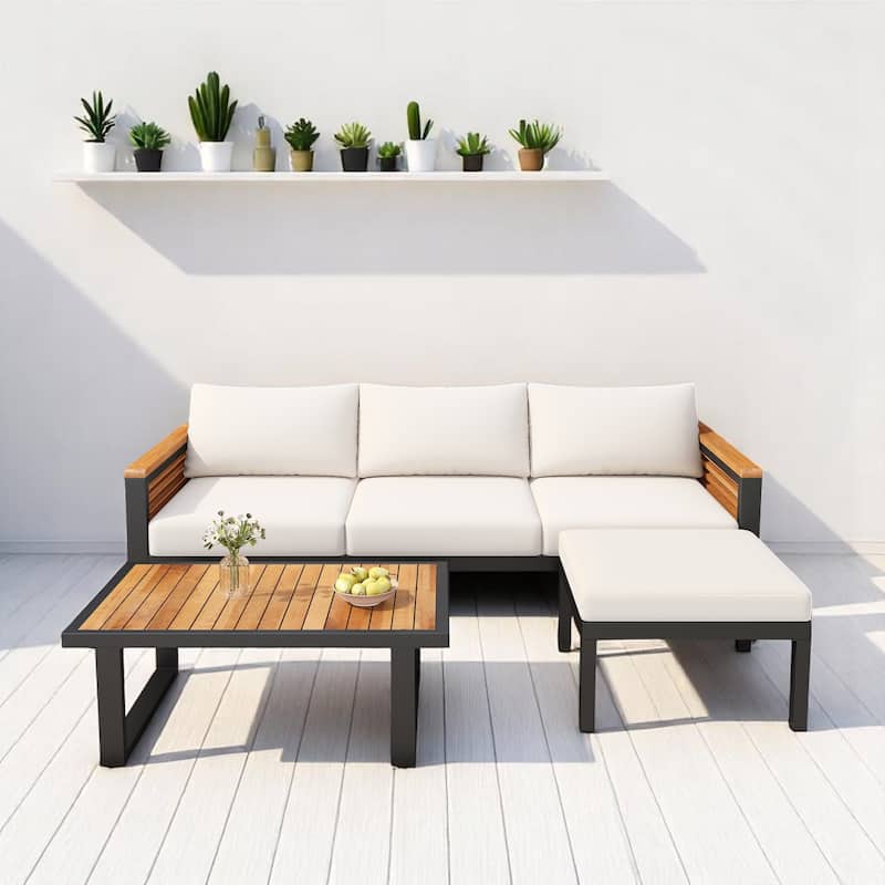 3-Piece Outdoor Patio Sofa Set with Acacia Wood Armrests, Industrial Iron Frame, Cushions, Ottoman, and Coffee Table - Beige,Teak+ Black