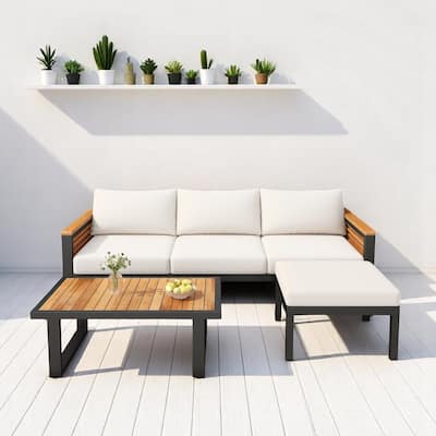 3-Piece Outdoor Patio Sofa Set with Acacia Wood Armrests, Industrial Iron Frame, Cushions, Ottoman, and Coffee Table