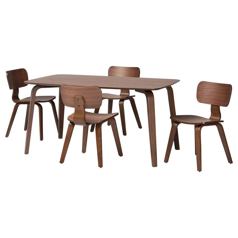 Billie Wood 5-Piece Dining Set - Bentwood Frame Table with Matching Chairs, Mid-Century Style Set for Dining Room - Walnut Brown