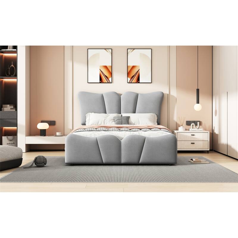 Full Size Velvet Upholstered Platform Bed with Distinctive Headboard and Footboard