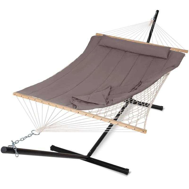 Rope Hammock with Detachable Pillow and Pad, 12FT Steel Stand Included - Brown