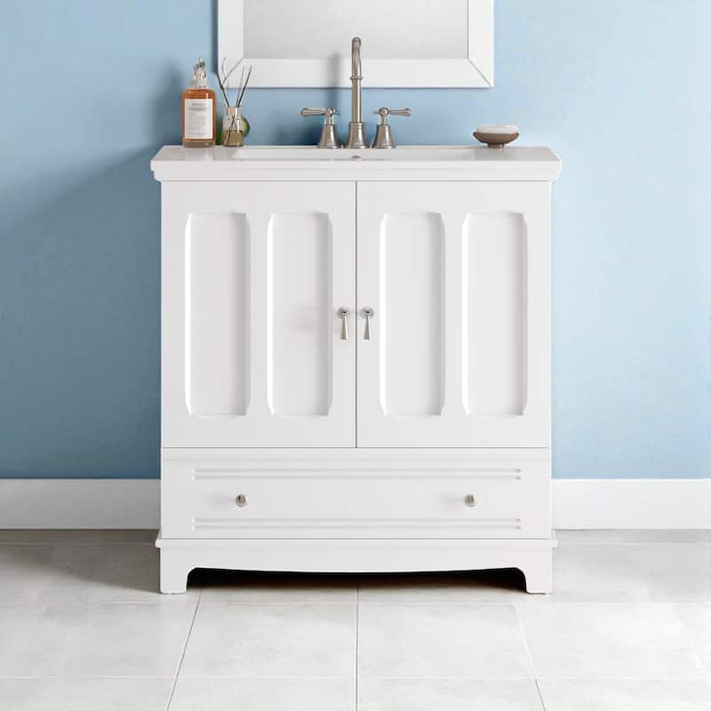 30" Bathroom Vanity with Integrated Ceramic Sink, Adjustable Shelf, Drawer with Divider and Solid Wood Frame - White