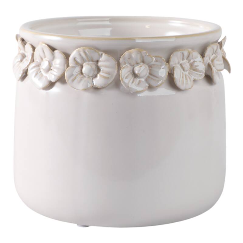 Ceramic Round Planter Sculpted Floral Rim Detail and Drainage Hole