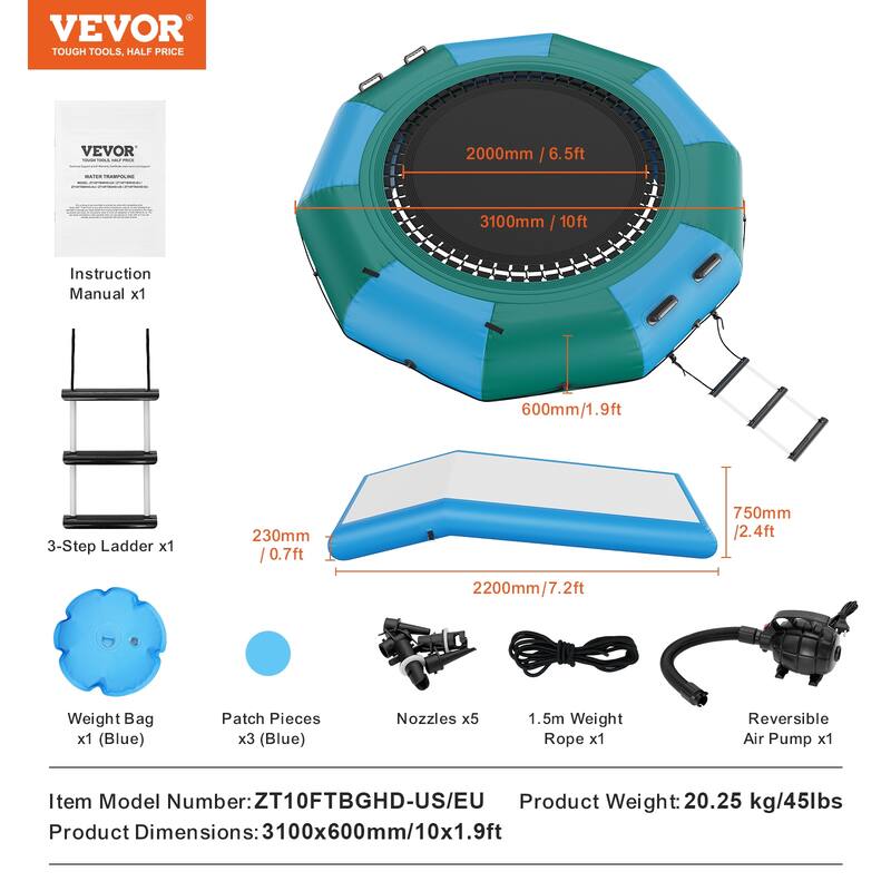 VEVOR Inflatable Water Bouncer Recreational Water Trampoline Portable Bounce Swim Platform with Slide for Pool Lake Water Sports