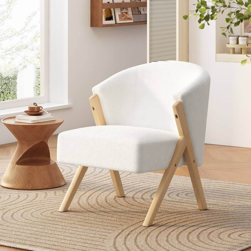 Modern Accent Chair with White Upholstery and Solid Wood Frame, Minimalist Lounge Chair for Living Room, Bedroom, or Office - White