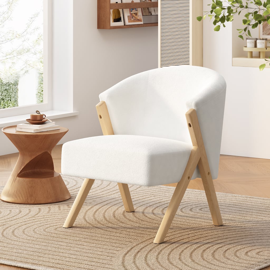 White Curved Back Accent Chair with Wooden Frame for Living Room