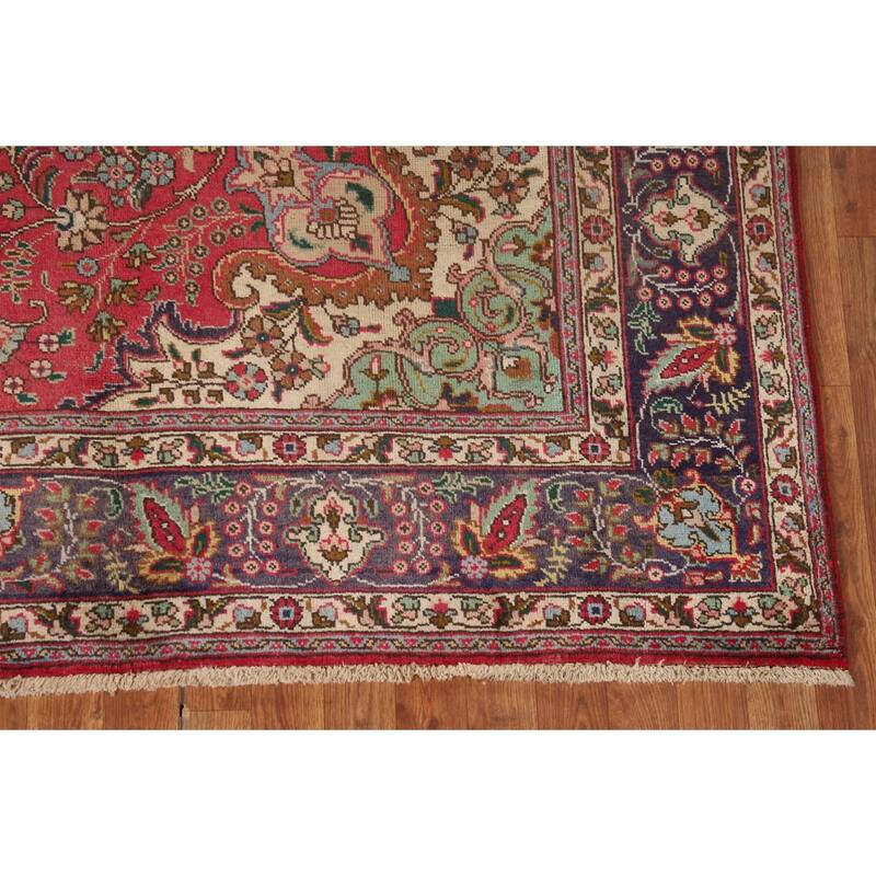 Tabriz Persian Vintage Area Rug Hand-Knotted Pink Wool Carpet - 6'8"x 9'7"