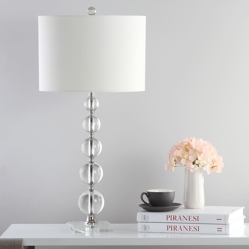 SAFAVIEH Lighting 29 inch Liam White Shade Stacked Crystal Ball Table Lamp - 14" W x 14" D x 30" H