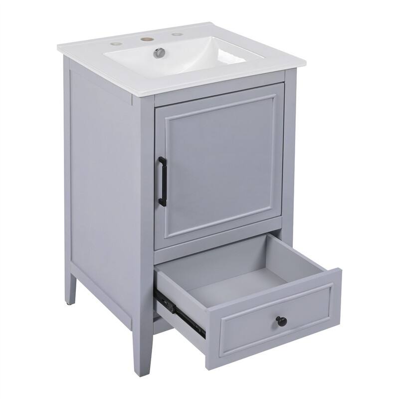 20" Bathroom Vanity with Ceramic Sink, Freestanding Bathroom Vanity Cabinet with 1 Door, 1 Storage Drawer and Door Shelf Design