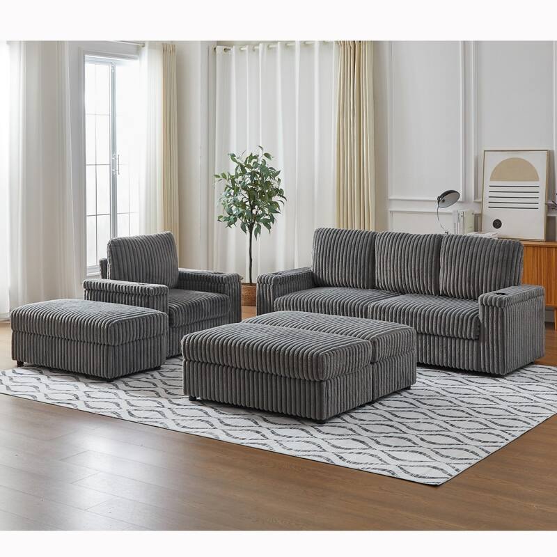 3-seater Modern Sofa with Corduroy Single Sofa, Cup-holding Grooves and 3 Ottomans