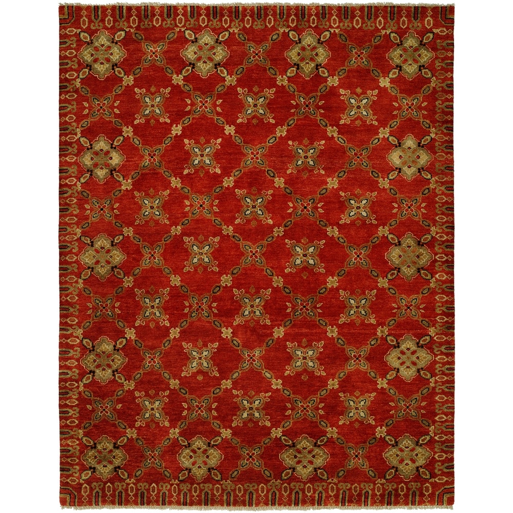 Transitional Red Hand-Knotted Wool Area Rug