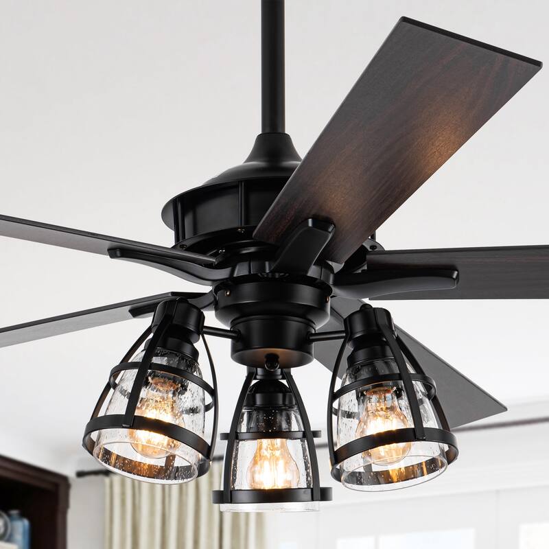 52" Industrial Matte Black Wood 3-Light Glass Ceiling Fan Chandelier with Remote
