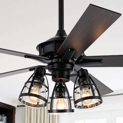 52" Industrial Matte Black Wood 3-Light Glass Ceiling Fan Chandelier with Remote