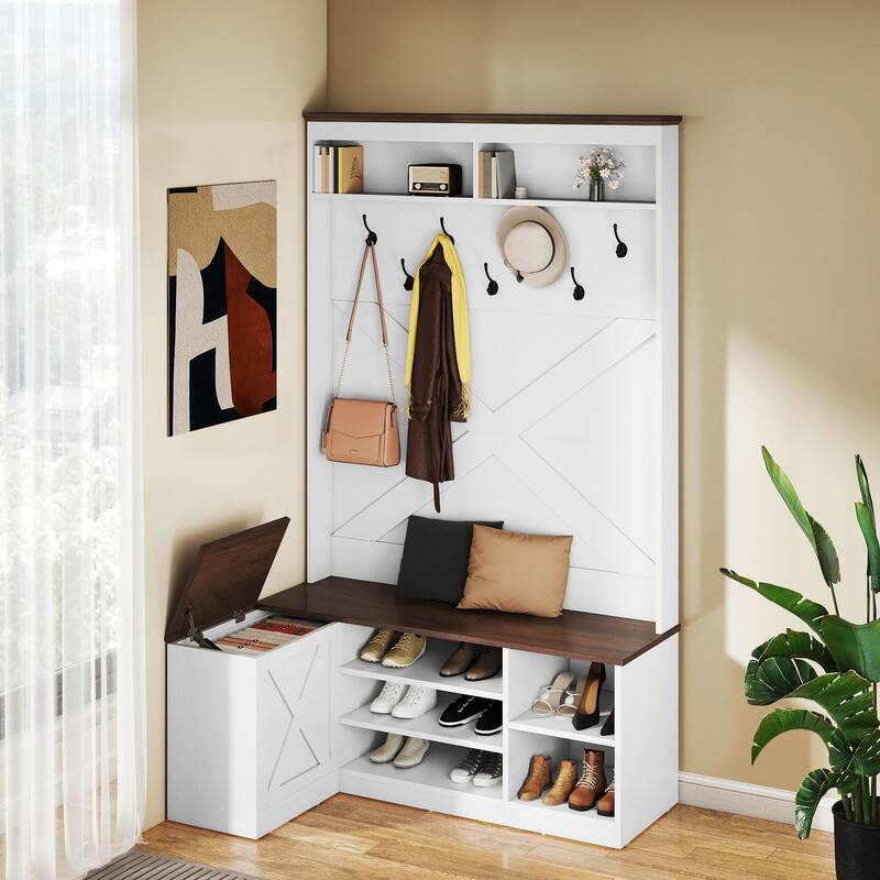 Moasis Corner Hall Tree and Coat Rack Organizer with Shoes Cabinet Seat Bench - White/Walnut