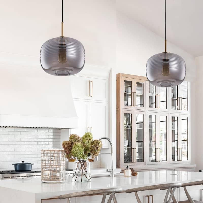 Farmhouse Smoke Grey 1-Light Striped Glass Pendant Lamp for Kitchen Island
