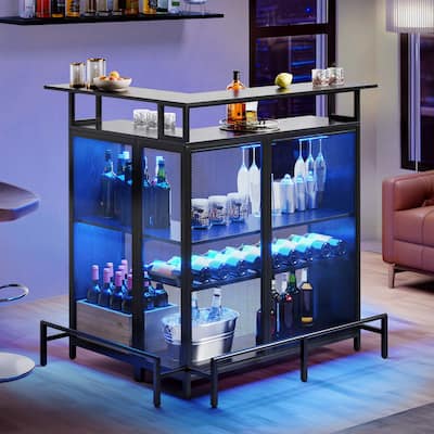 Moasis Home Bar Unit L-shape Liquor Bar Table with 2-Tier Storage and Shelves