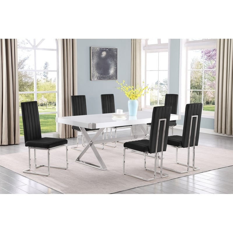 Best Quality Furniture D440/1-SC340-7 Dining Set with 78" White Lacquer Wood Top - 7-Piece - Black / Silver