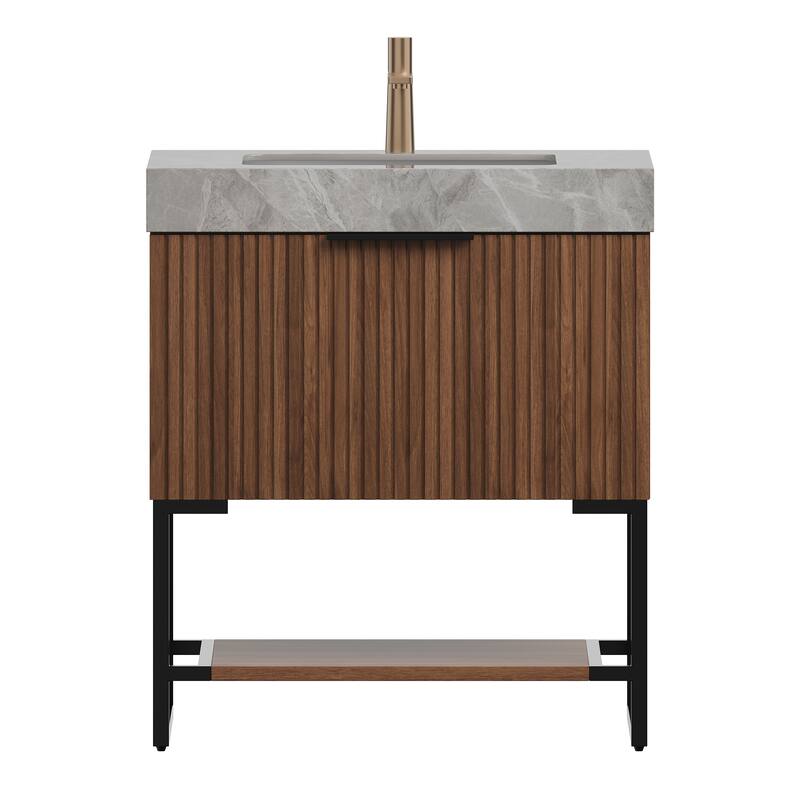 30" Bathroom Vanity & Sink, Freestanding Striped Plywood Storage Cabinet with Drawer & Open Shelf