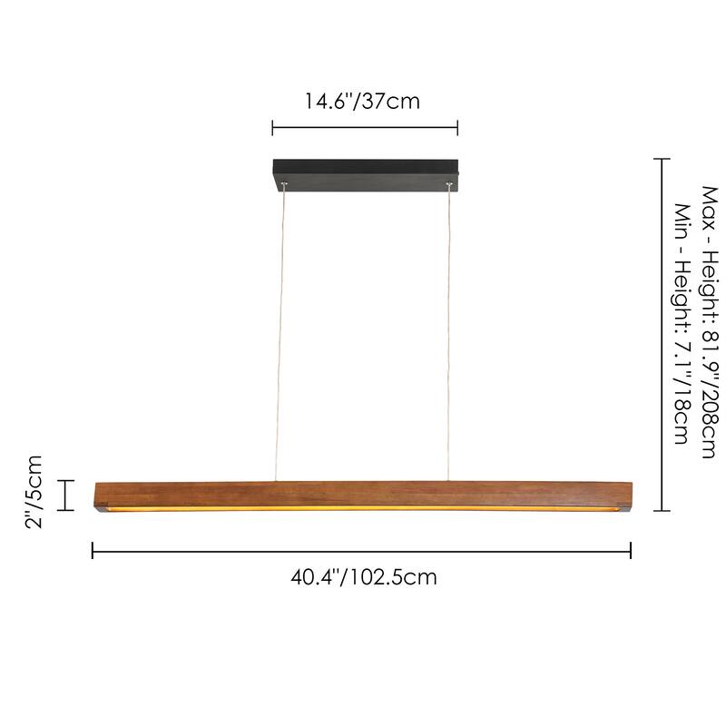25-Watt Modern Brown Long Linear Walnut Wood Integrated LED Island Chandelier for Kitchen, Dining Room