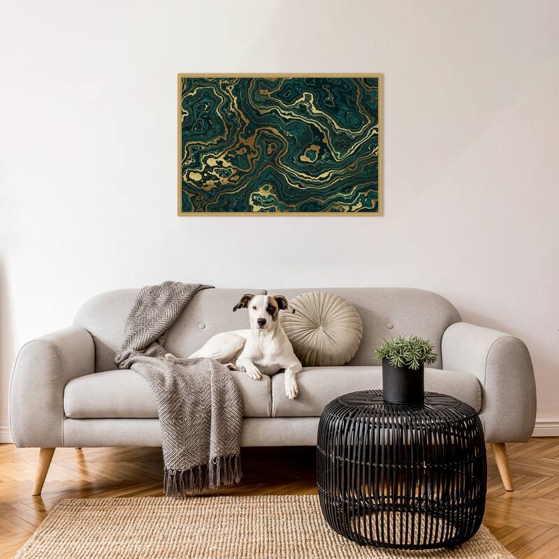 Teal and Yellow Marble Swirl II by Amini54 Framed Canvas Wall Art Print