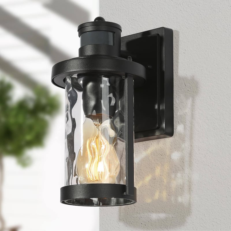 Modern 1-Light Black Motion Sensor Outdoor Barn Light Armed Wall Sconce with Clear Waterfall Glass - 6.7" D x 10.5"H