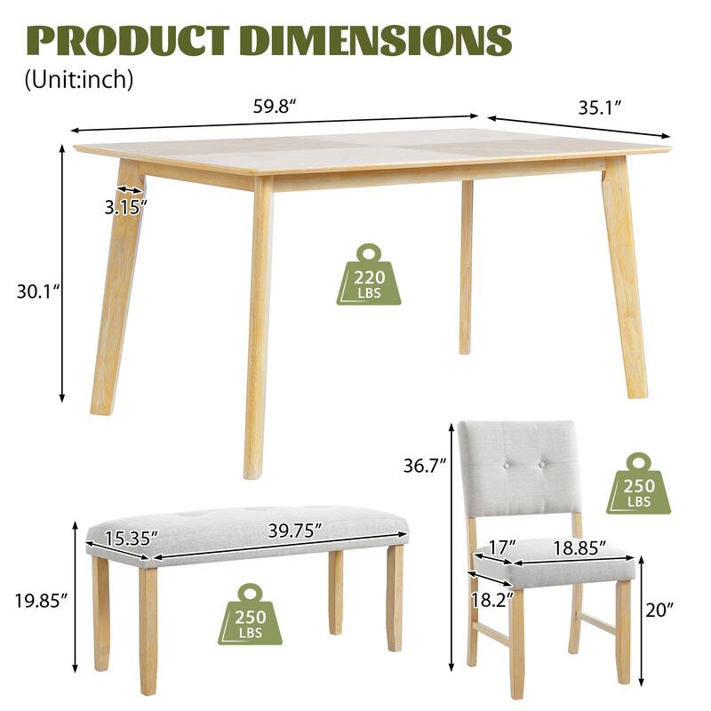 Roomfitters 6 Piece Rustic Dining Set, Rectangular Table with Upholstered Chairs and Bench, Solid Wood Frame, Natural Wood Wash