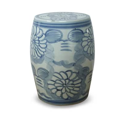 Approx. 17" High Blue and White Garden Stool with Flower Motif
