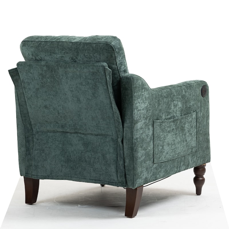Chenille Accent Chair with USB Port, Ergonomic Upholstered Armchair, Lounge Reading Chair with Side Pocket & Wooden Legs