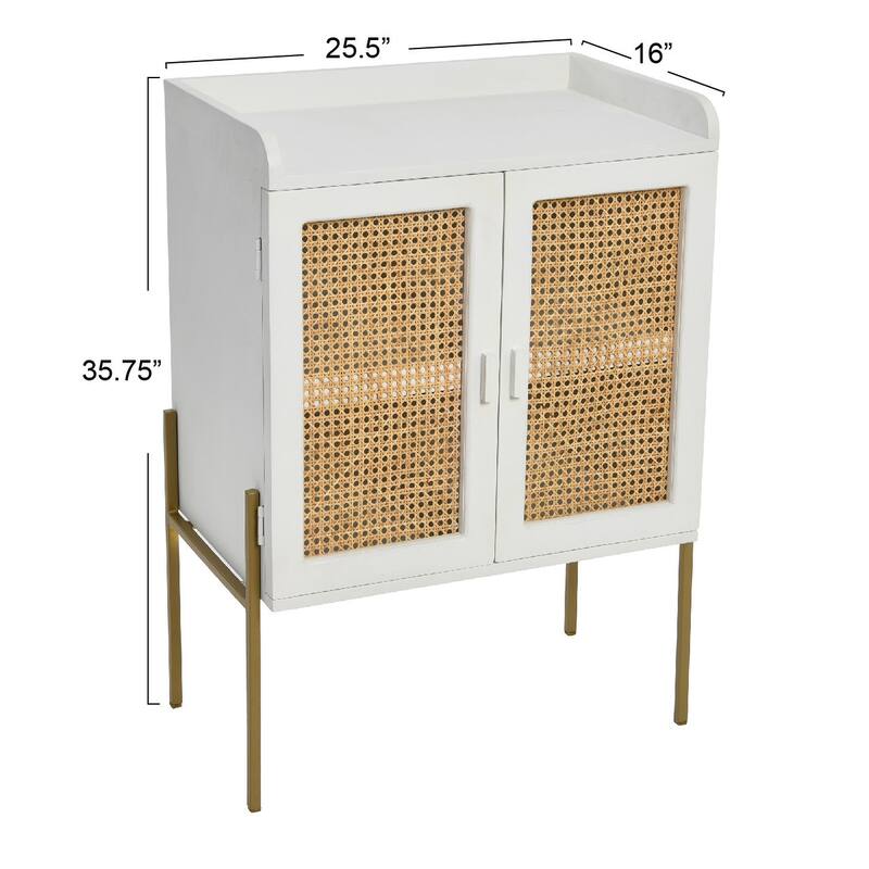 Solid Wood Bar Cabinet with Metal Legs and Woven Cane Doors
