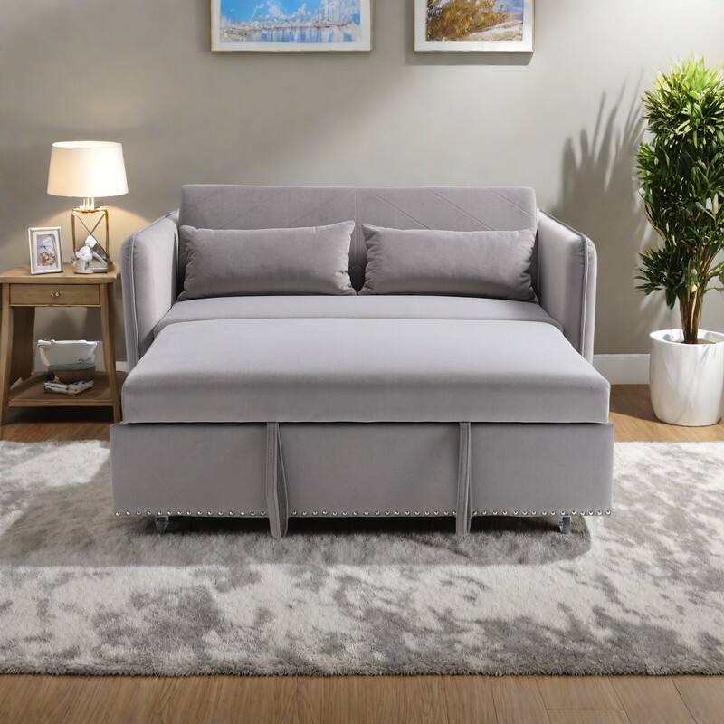 55" Velvet Convertible 3-in-1 Sleeper Sofa Bed with Reclining Backrest, Side Pockets, and 2 Pillows - Grey