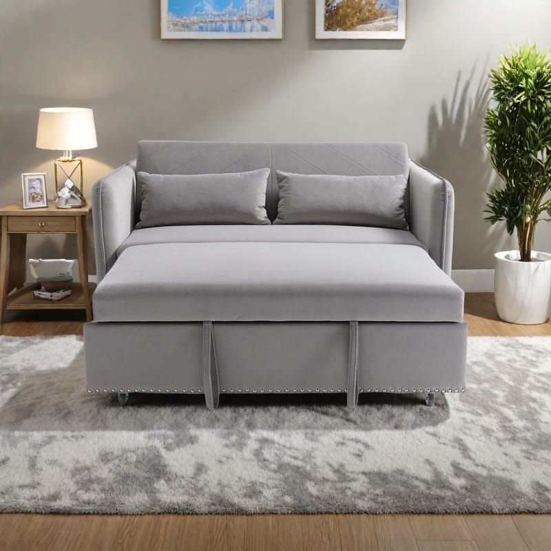 55" Velvet Convertible 3-in-1 Sleeper Sofa Bed with Reclining Backrest, Side Pockets, and 2 Pillows