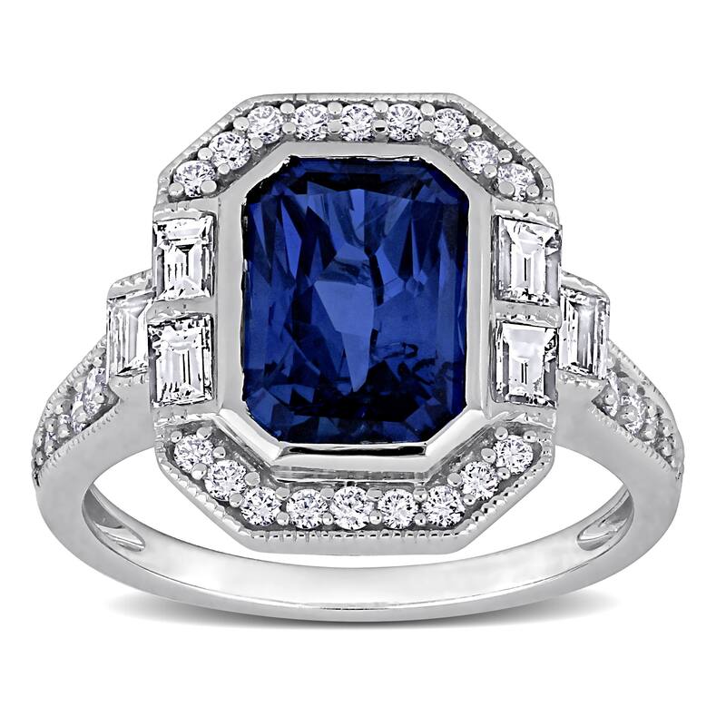 Miadora 3 2/5ct TGW Octagon-Cut Blue Sapphire 1ct TDW Diamond Halo Ring in 14k White Gold