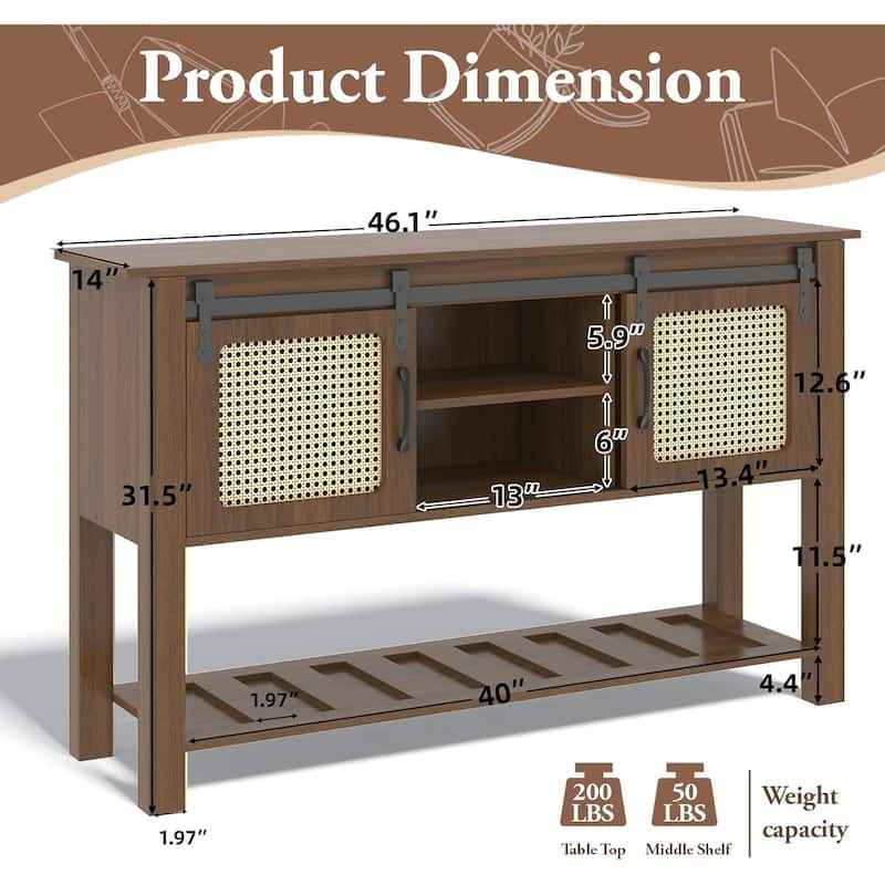 AECOJOY Buffet Cabinet, Coffee Bar Storage Cabinet, 46'' Coffee Bar Table with Rattan Sliding Barn Door, Adjustable Shelves