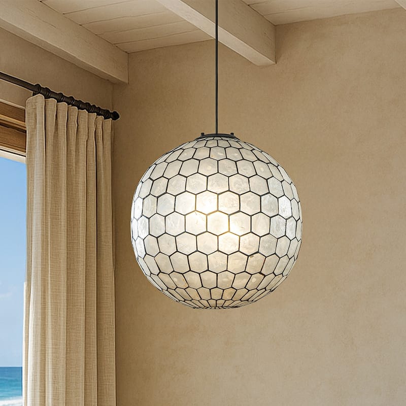 3-Light 18'' Matte Black Cosatal Natural CAPIZ SHELL Globe Lantern Chandelier Glam Hanging Light For Living Room Dining Room