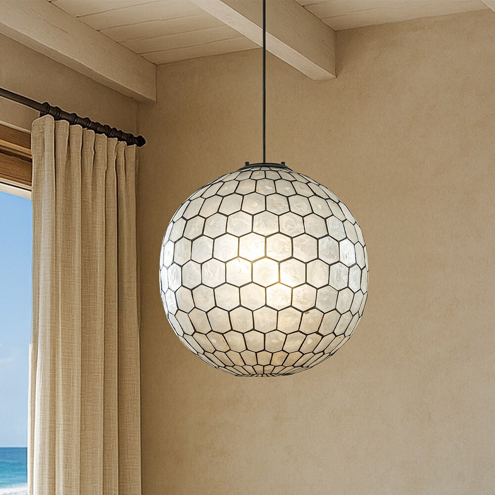 3-Light 18'' Matte Black Cosatal Natural CAPIZ SHELL Globe Lantern