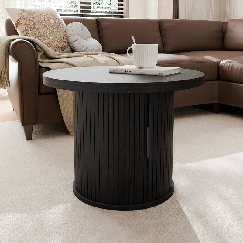 Mid Century Modern Round Coffee Table with Storage, Tambour Door Design Table for Living Room