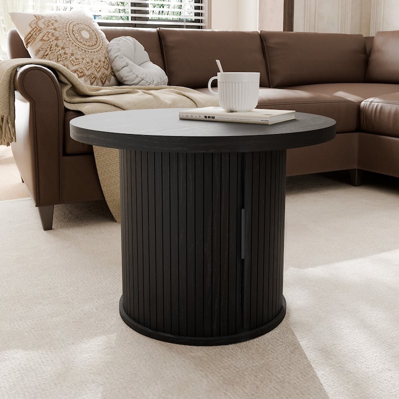Tambour Design Round Coffee Table with Storage Shelf - 17.7'' H X 23.6'' L X 23.6'' W - Black