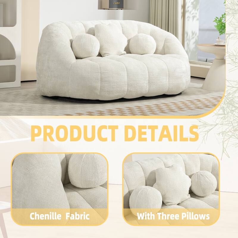 White 63.78" Chenille Lounge Chair with Foam Filling and Pillows