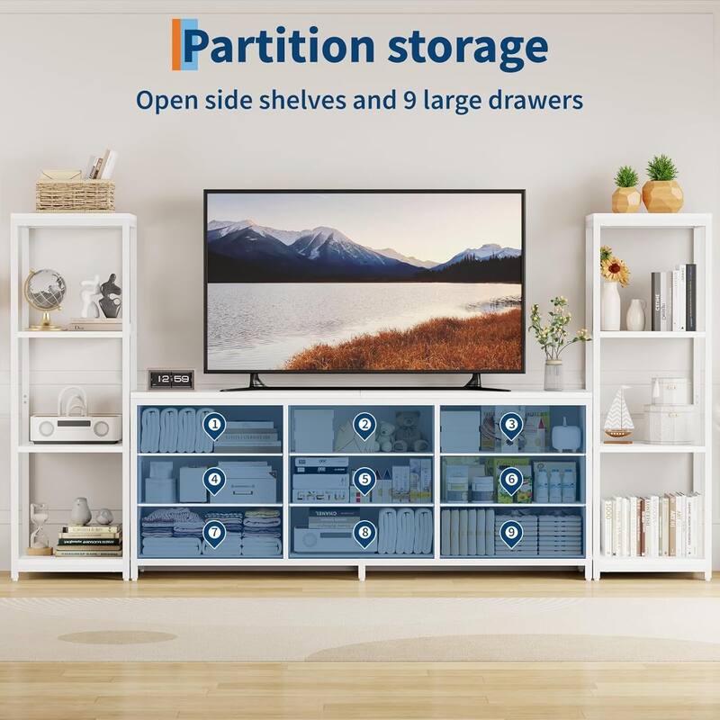 Entertainment Center TV Stand with 9 Drawers and Bookshelves for Living Room