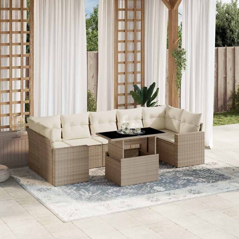 vidaXL Patio Sofa Set with Cushions Outdoor Furniture 8 Piece Poly Rattan - 21.7 x 39.4 x 28.7 in - Beige and cream