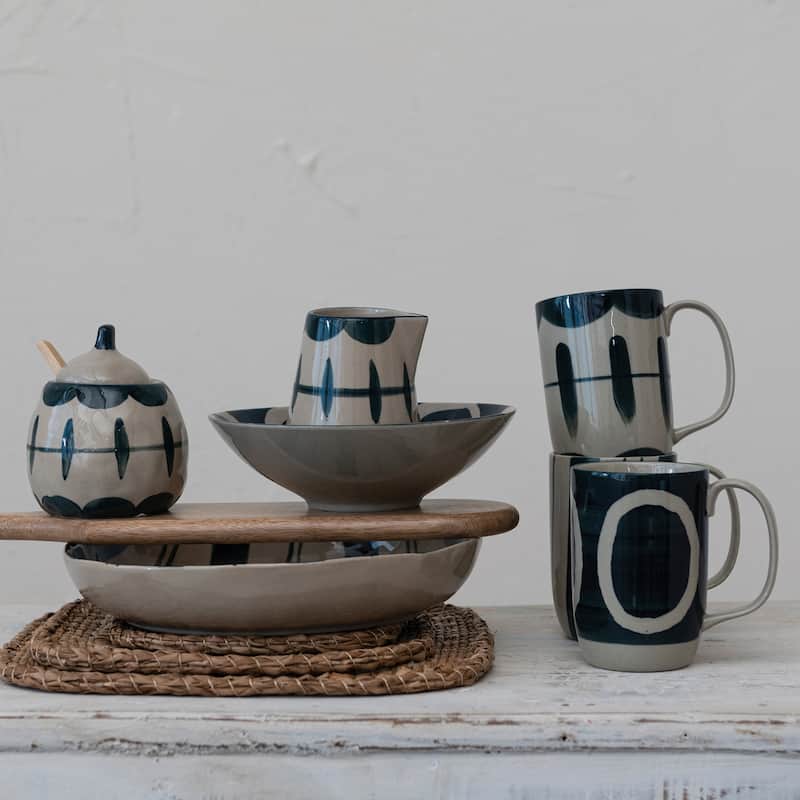 Creamer and Sugar Pot with Painted Designs and Bamboo Spoon - 7.5"L x 7.5"W x 4.5"H
