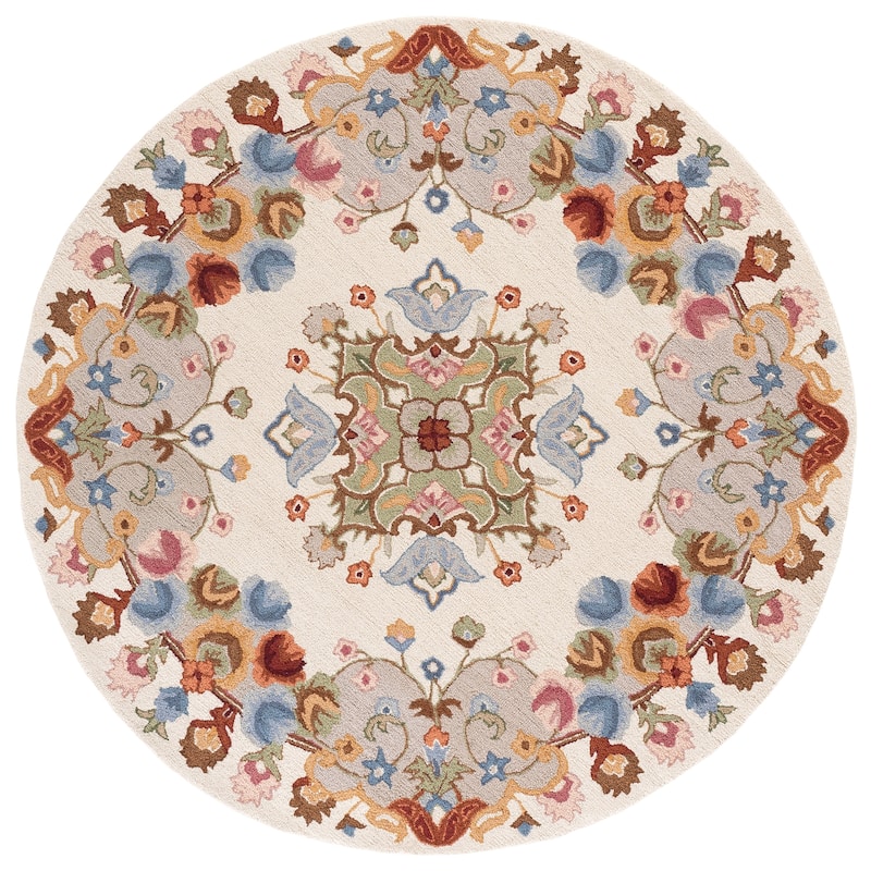 SAFAVIEH Handmade Chelsea Malfridur French Country Floral Wool Rug - 6' Round - Ivory/Grey