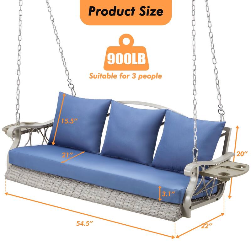 3-Person Wicker Patio Swing with Cushions & Pillows