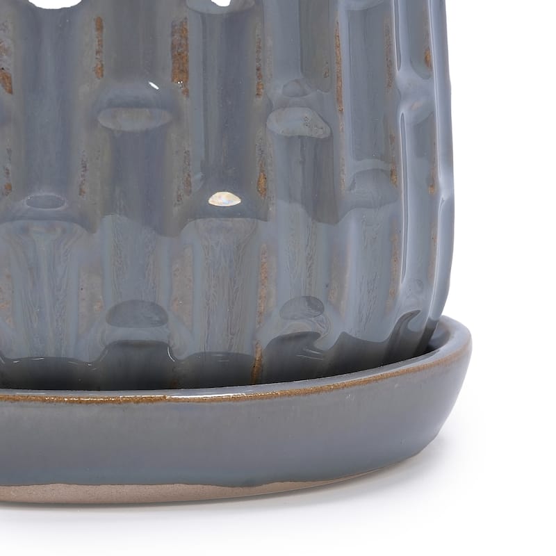 Set of 2 Handmade Ceramic Planters, Includes Saucers, Vertical Ribbed