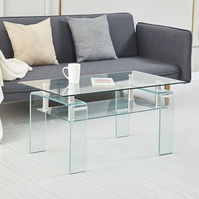 Rectangle Clear Glass Coffee Table,Modern Glass Coffee Table,2-Tier Storage Center Coffee Table,Tempered Glass Tea Table