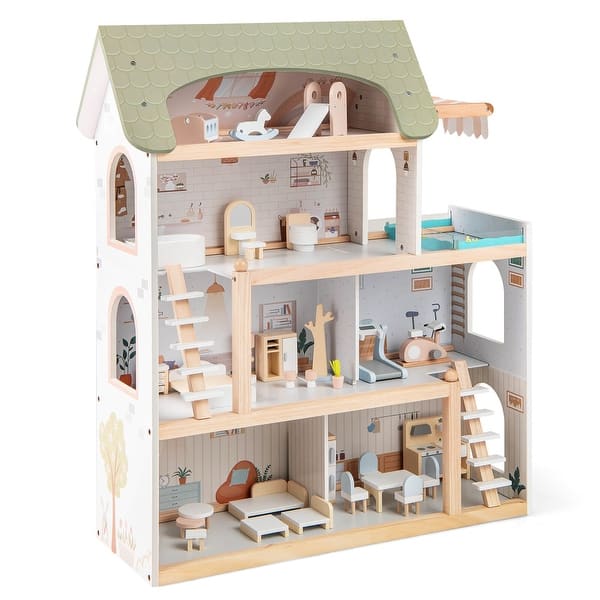 slide 2 of 10, Costway Kids Wooden Dollhouse 4-Story Modern Doll House with 33Pcs - as pic shows - See Details as pic shows - Assembly Required - See Details - Kids