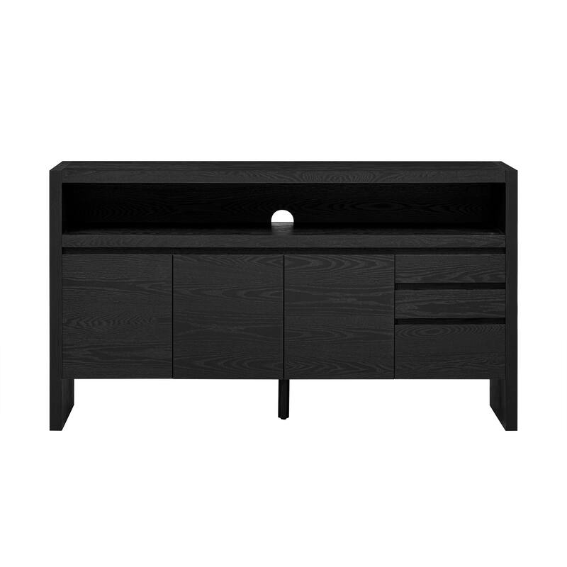 60" 3-Door Sideboard with 3 Drawers - Modern Solid Ash Veneer MDF Sideboard, Semi-Open Shelf & Center Semi-Circular